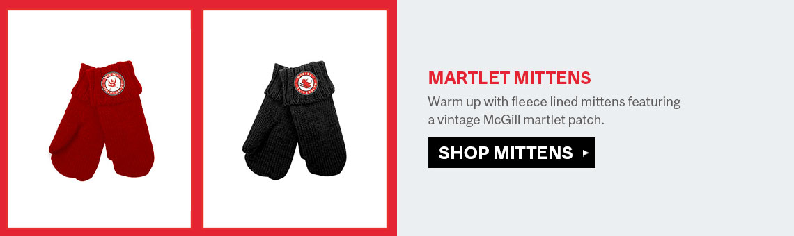 Warm up with fleece lined mittens featuring  a vintage McGill martlet patch. 