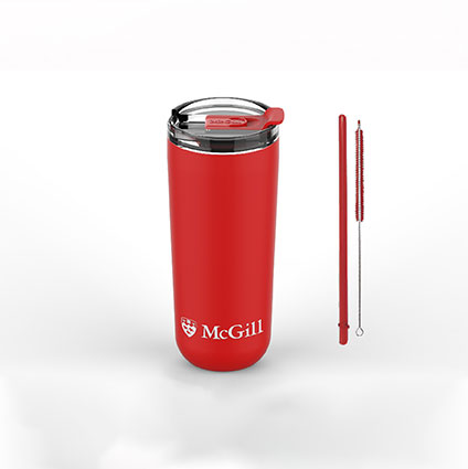 McGill Tumbler with Straw 20 oz red, comes with straw and straw brush. Features a laser etched McGill logo on bottom.