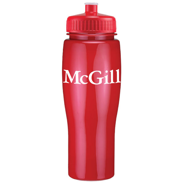 A sport-style plastic water bottle with a contoured, squeezable body and push-pull lid. It features the McGill wordmark and holds up to 24oz of liquid.  Lightweight and perfect for carrying to the gym or around campus