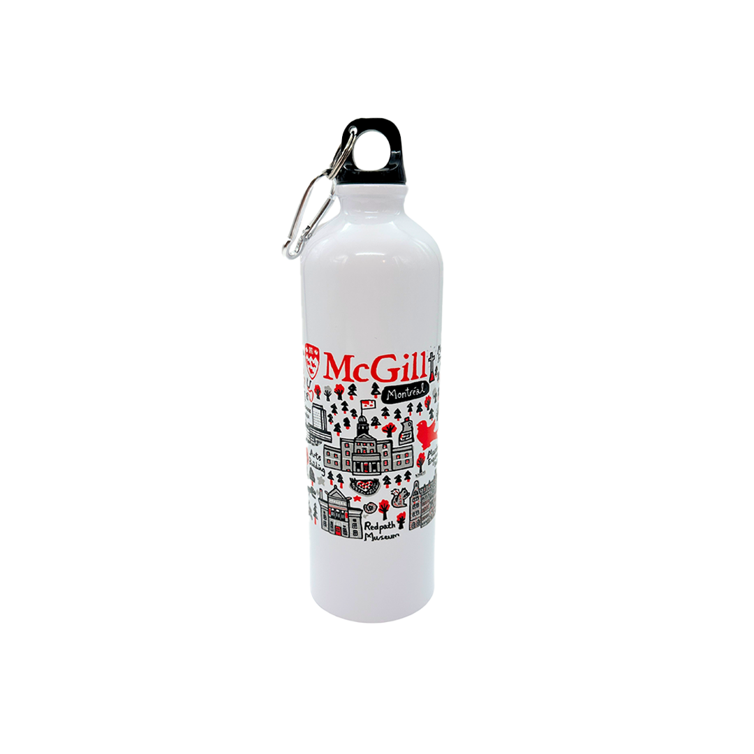 McGill by Julia Gash stainless water bottle featuring a wrap-around print that depicts iconic McGill landmarks. This slim and unbreakable bottle holds 750 ml of liquid and comes with a screw top cap and carabiner. It is BPA free and FDA compliant. 