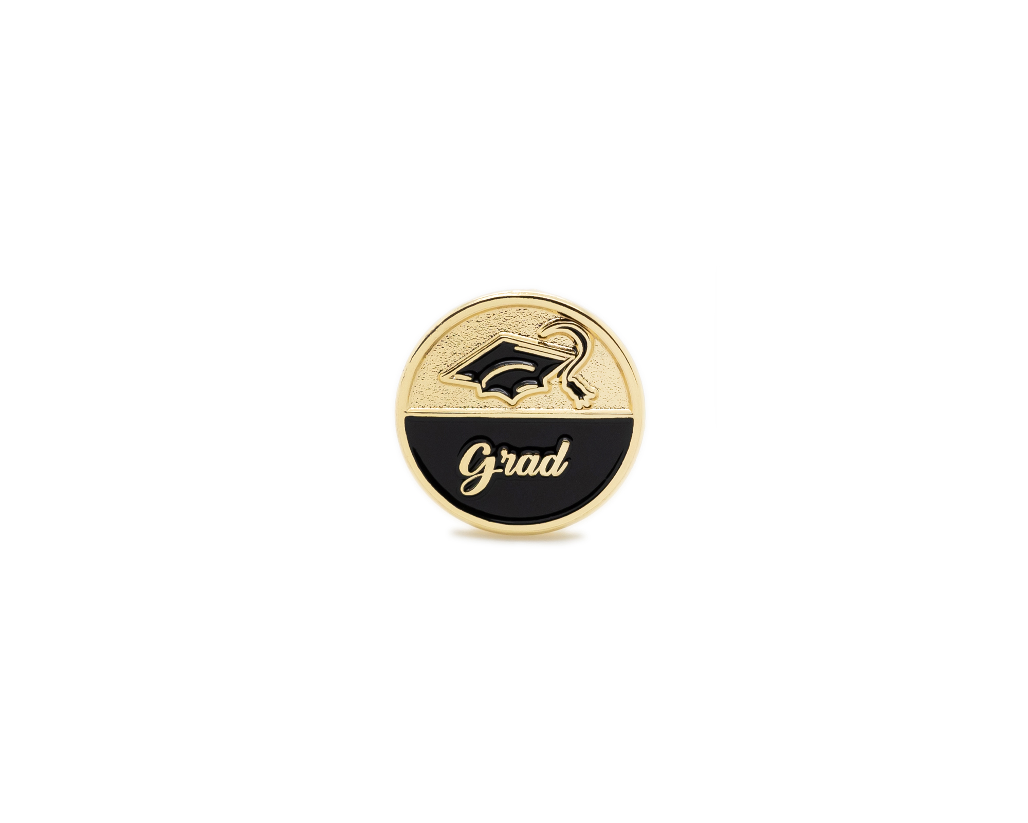 Grad Script Pin with contrasting black enamel detail. "Grad" is embossed in script lettering, with a black enamel grad cap at the top. 