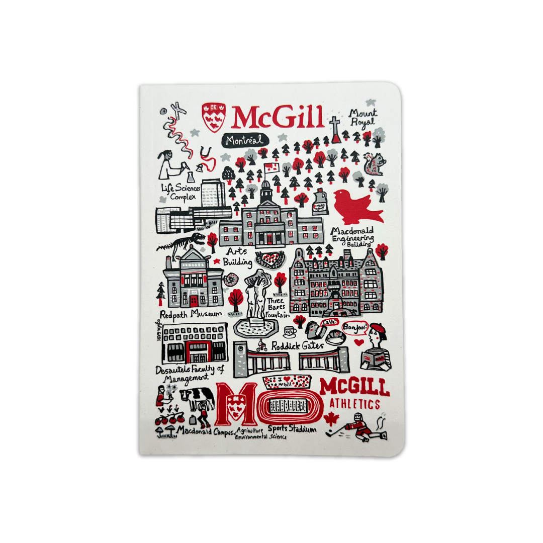 A sewn journal featuring the McGill campus as imagined by illustration artist Julia Gash.