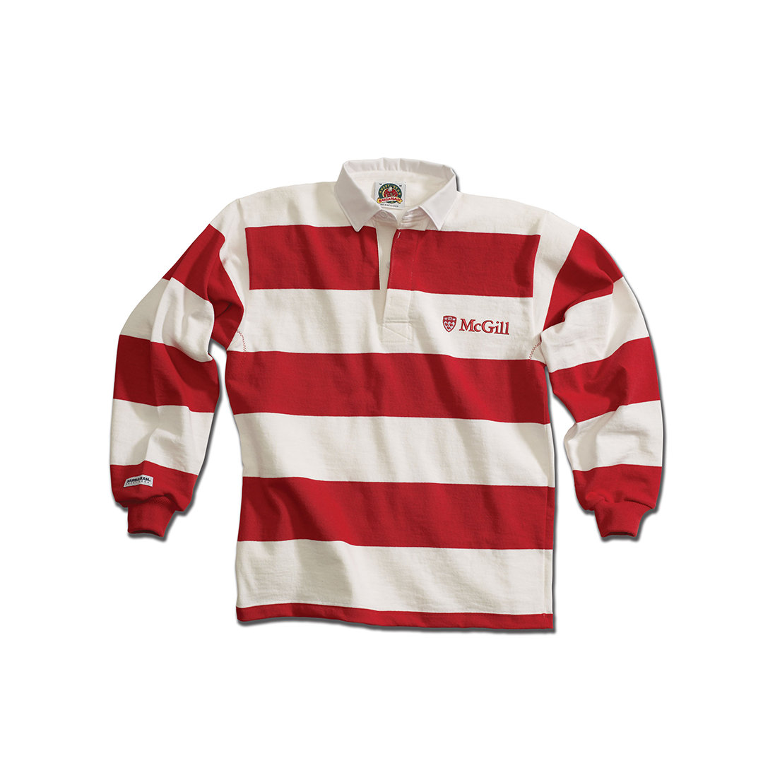  This rugby shirts offer a lightweight version of the classic 4 stripe rugby style. Sewn from lightweight 8 oz knit cotton this shirt can easily be worn in warmer weather or layered year-round wear. Embroidered with the McGill logo on the left chest, they feature a traditional white collar and placket as well as stretch cuffs. Made in Canada
