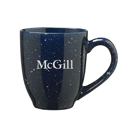 This McGill Speckled Engraved Bistro Mug has a glossy speckled finish for a fun, retro vibe.  The laser engraved logo gives the mug a high-end look perfect for home or work. Dishwasher and microwave safe..