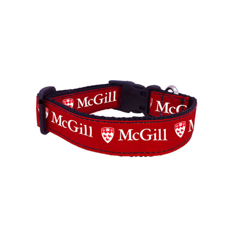 Adjustable nylon dog collar with red grosgrain ribbon printed with the McGill logo