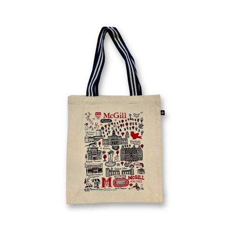 Tote bag features the McGill campus as imagined by illustration artist Julia Gash. Made from durable 10oz fair trade cotton and screen printed with eco-friendly water based ink. Includes colourful and sturdy woven handles so you can confidently load in your, laptop, books and all your daily essentials