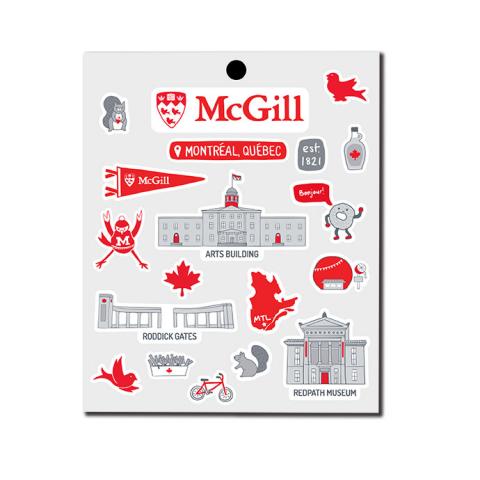 A sheet of stickers featuring iconic McGill and Montreal places and things