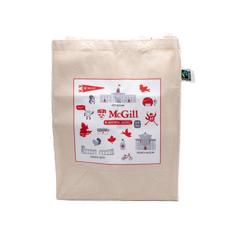 Tote bag made from fairtrade cotton featuring iconic landmarks and items related to McGill and Montreal