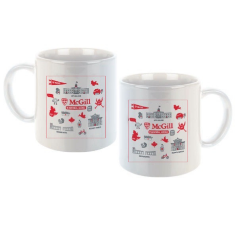 White mug featuring iconic landmarks and items related to McGill and Montreal